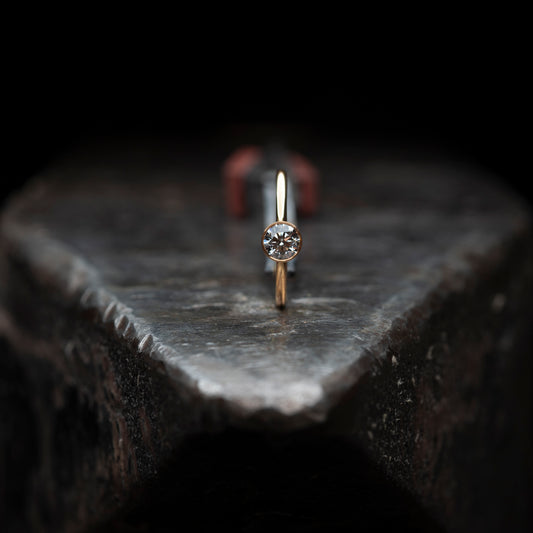 Der Ring hochkant stehend auf einem massiven Amboss